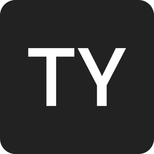 Logo: white TY on a black background